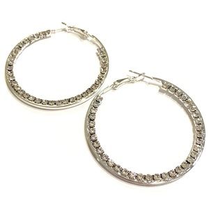 Hoop Earrings Silver Tone Rhinestones 2”